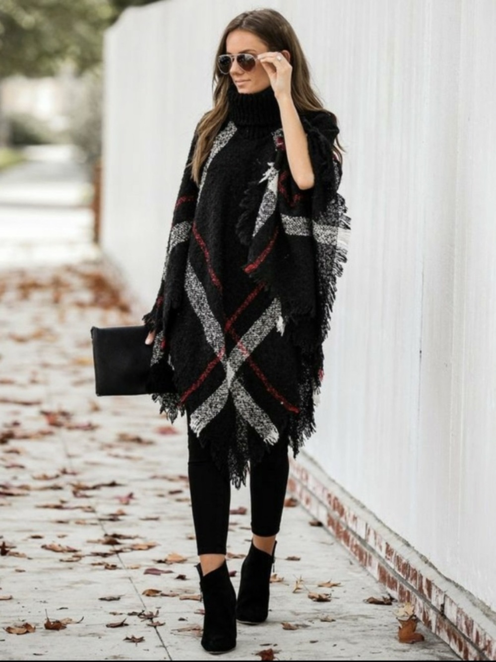 Cozy Black and Red Plaid Poncho